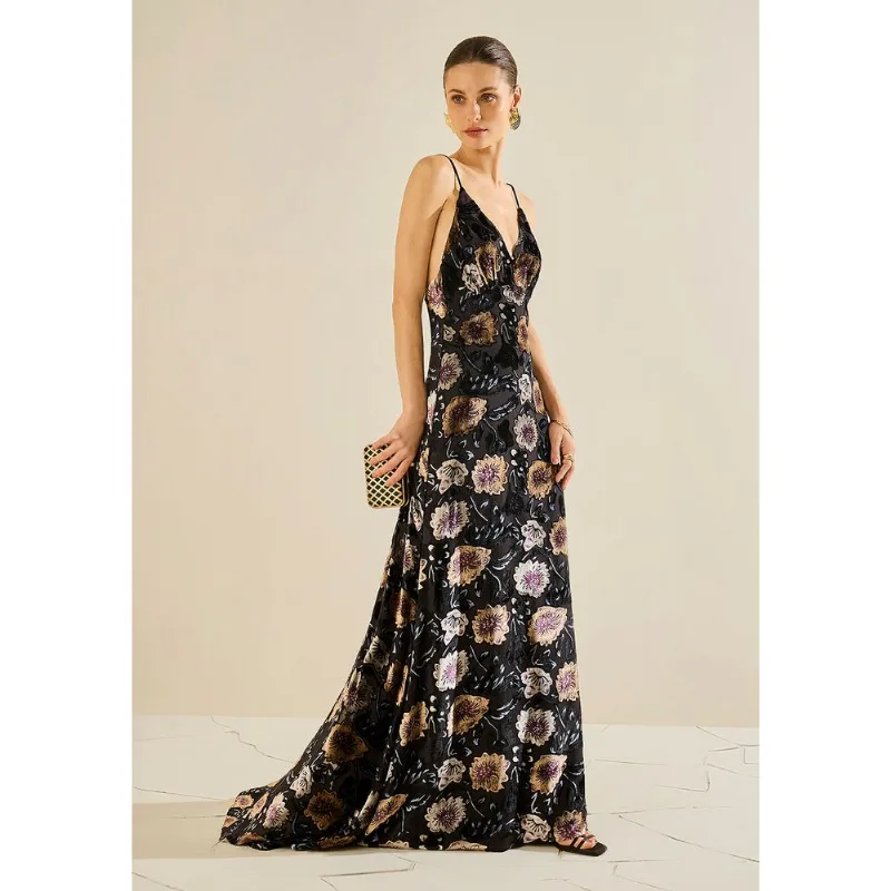 Vestido Ajustado Decote V Com Alca Longo Preto G - Morena Rosa