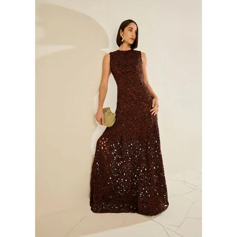 Vestido Solto Decote Careca Sem Manga Longo Marrom G