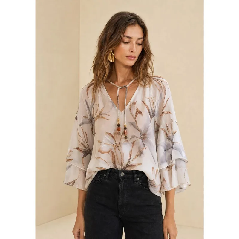 Blusa Decote V Flora Azul GG
