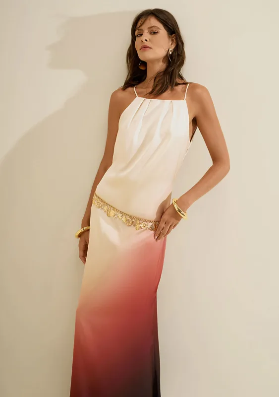 Vestido Morena Rosa Ajustado Decote V Com Alça Longo Bege - Morena Rosa - Linhas