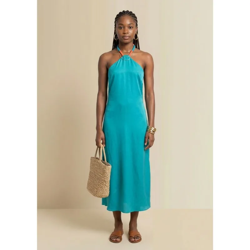 Vestido Morena Rosa Solto Decote Costas Sem Manga Longo Azul G