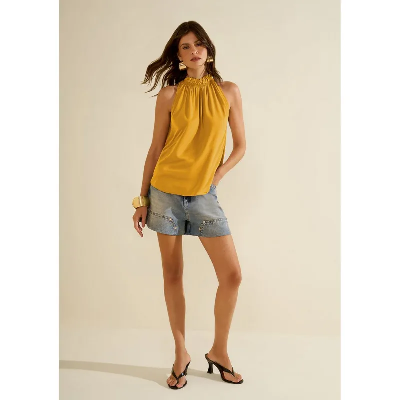 Regata Morena Rosa Solta Gola Alta Padrão Amarelo G