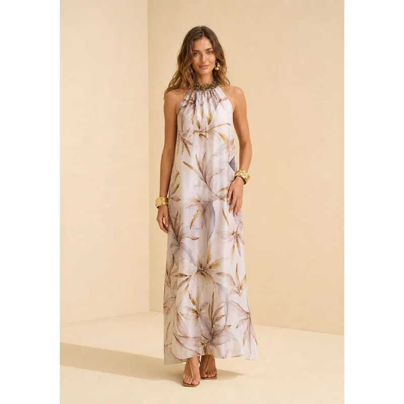 Vestido Gola Alta Flora Azul G