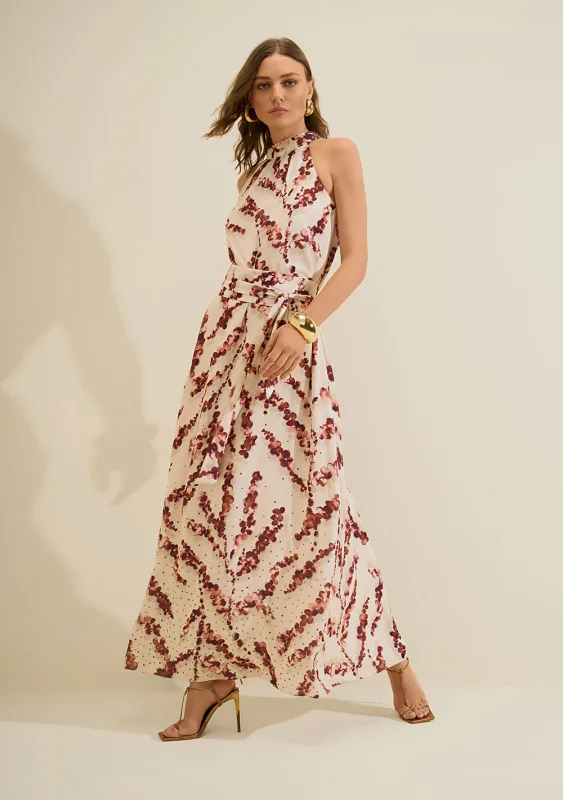 Vestido Gola Alta Flora Bege - Morena Rosa