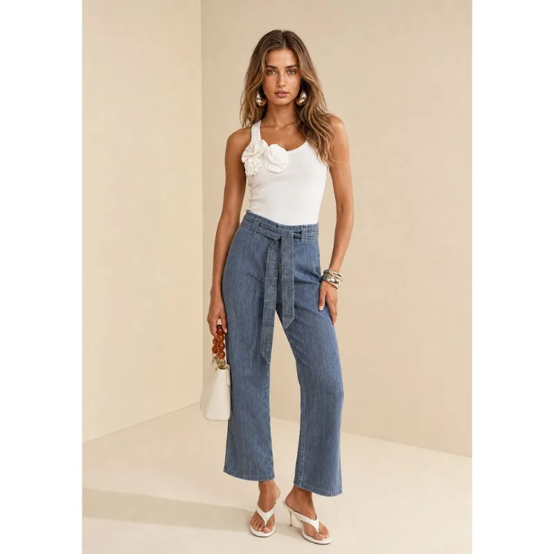 Calça Reta Alta Azul 44