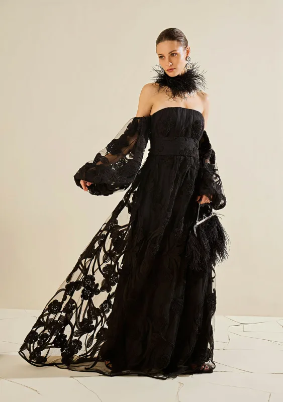 Vestido Solto Decote Reto Manga Longa Longo Preto - Morena Rosa - Linhas