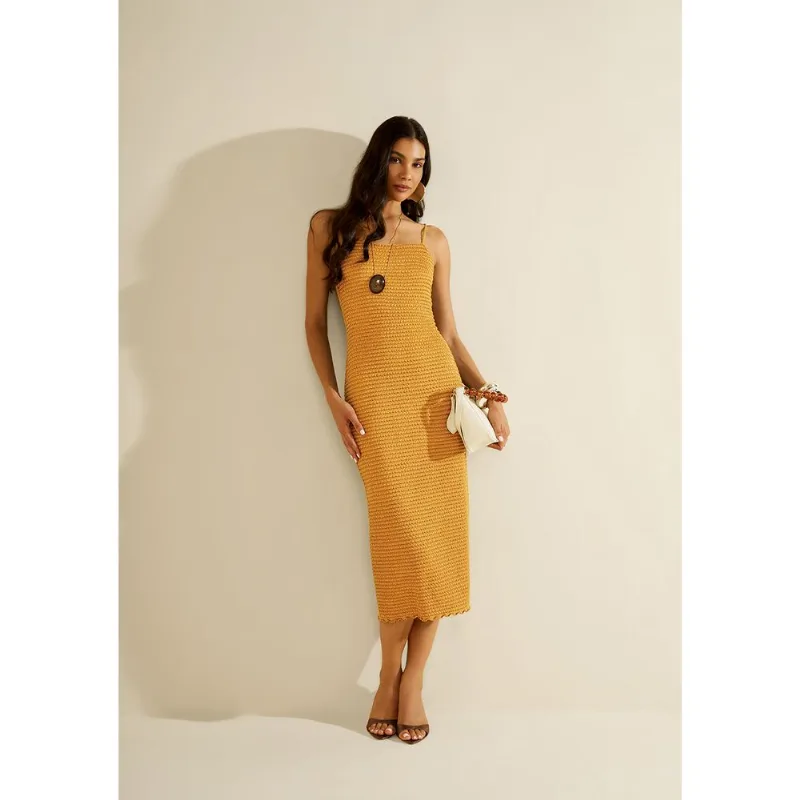 Vestido Morena Rosa Ajustado Decote Careca Manga Curta Midi Amarelo M