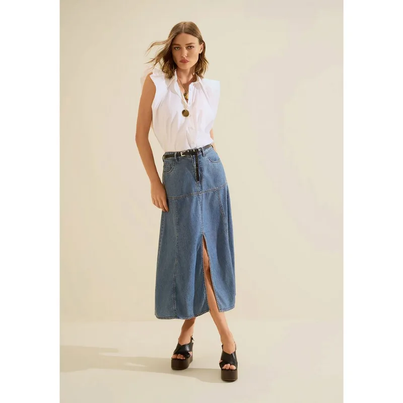 Saia Jeans Evasê Índigo Azul 42 - Morena Rosa
