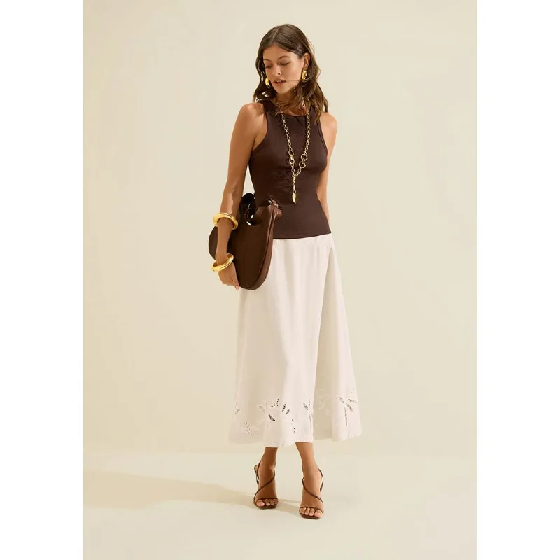 Saia Longa Evasê Florada Off White 40 - Morena Rosa