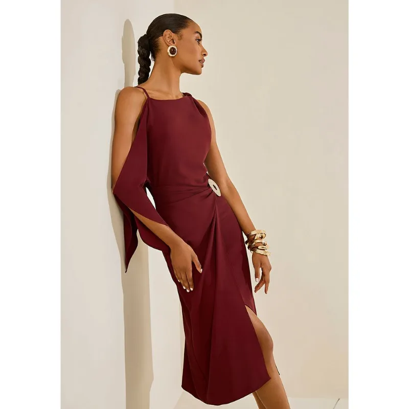 Vestido Morena Rosa Ajustado Decote Canoa Sem Manga Midi Bordo PP