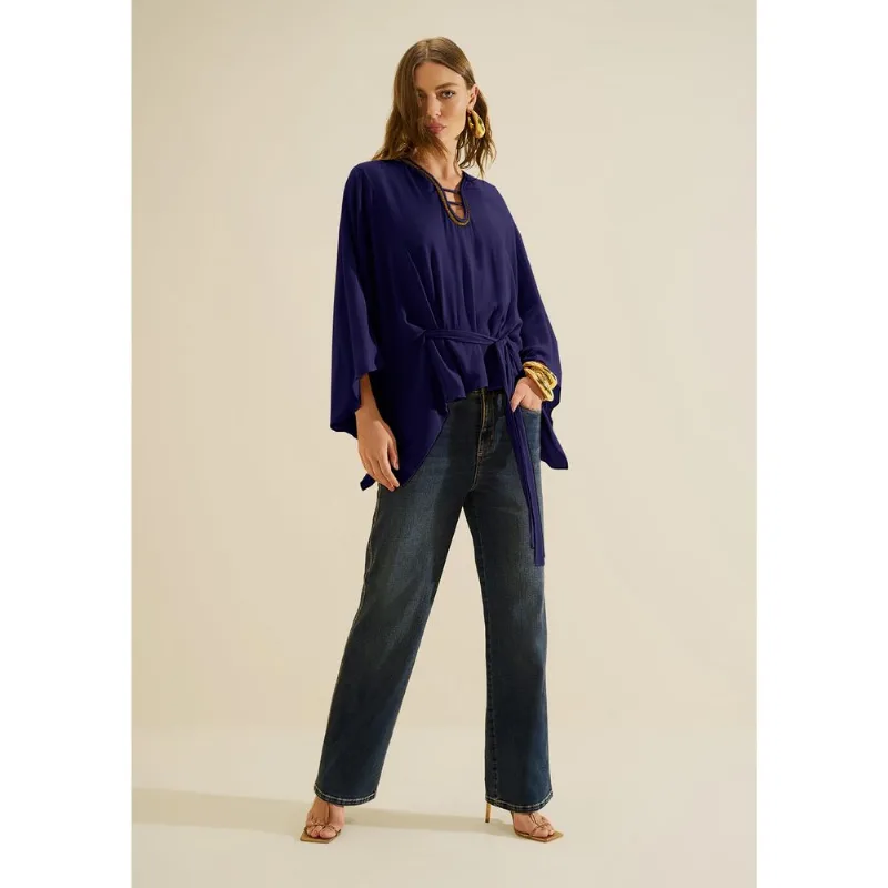 Blusa Decote V Aéria Azul Escuro G - Morena Rosa
