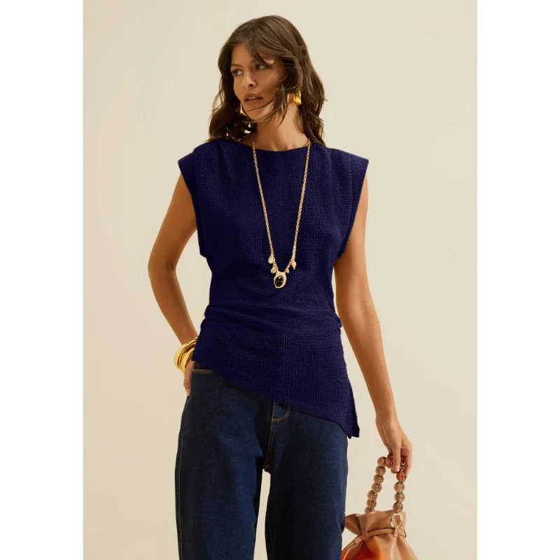 Blusa Manga Curta Favo Azul Escuro GG