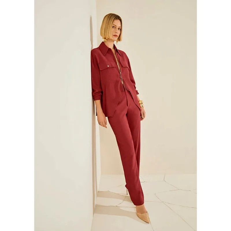 Conjunto Morena Rosa Camisa Manga Longa Calça Reta Cintura Alta Vermelho M - Morena Rosa