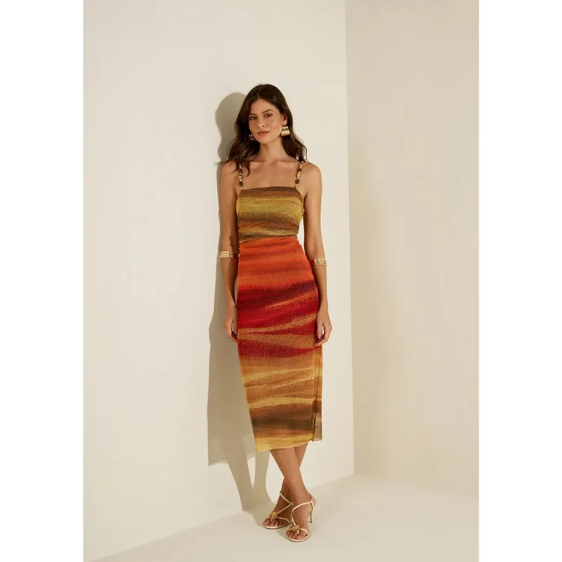 Vestido Morena Rosa Ajustado Decote Reto Com Alça Midi Laranja/Amarelo P