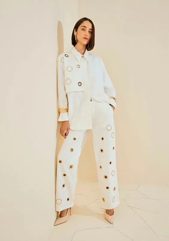 Conjunto Morena Rosa Camisa Manga Longa Calça Wide Cintura Média Off White - Morena Rosa