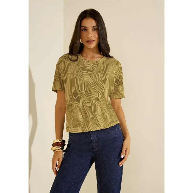 Camiseta Morena Rosa Solta Decote Careca Manga Curta Padrão Bege/Vermelho GG