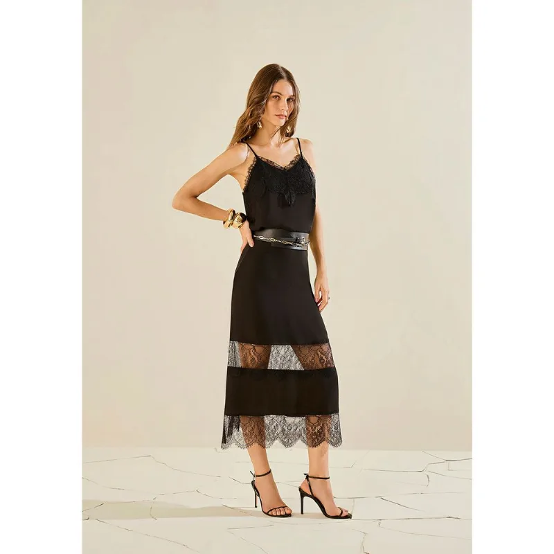 Saia Morena Rosa Reta Alta Midi Preto 34