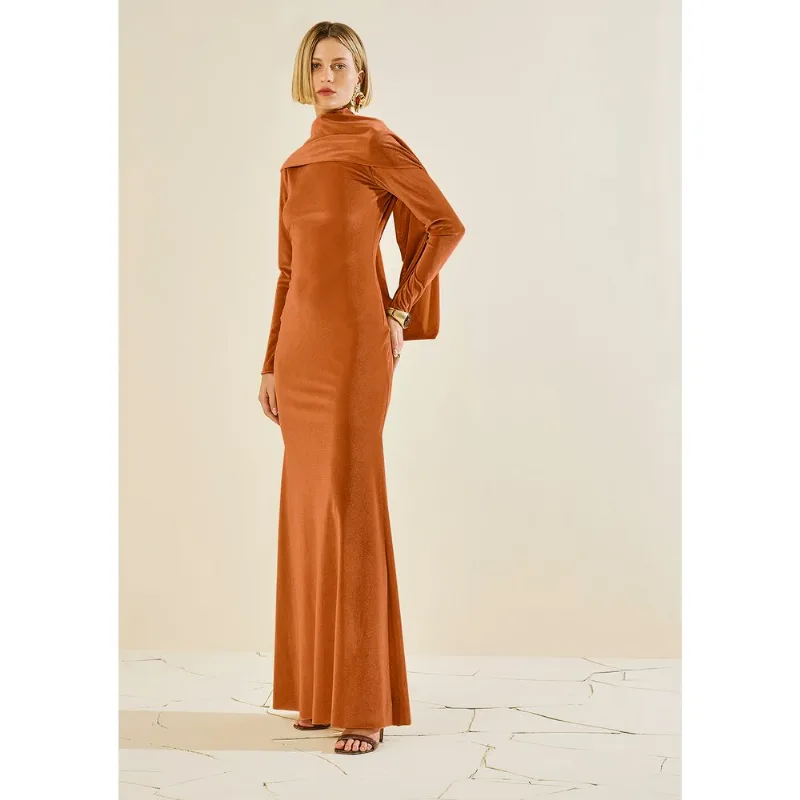Vestido Morena Rosa Ajustado Decote Canoa Manga Longa Longo Laranja PP - Morena Rosa