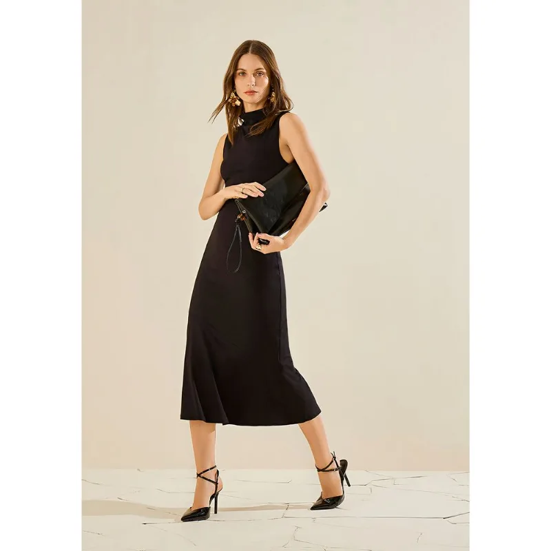 Vestido Morena Rosa Ajustado Gola Alta Sem Manga Midi Preto PP - Morena Rosa