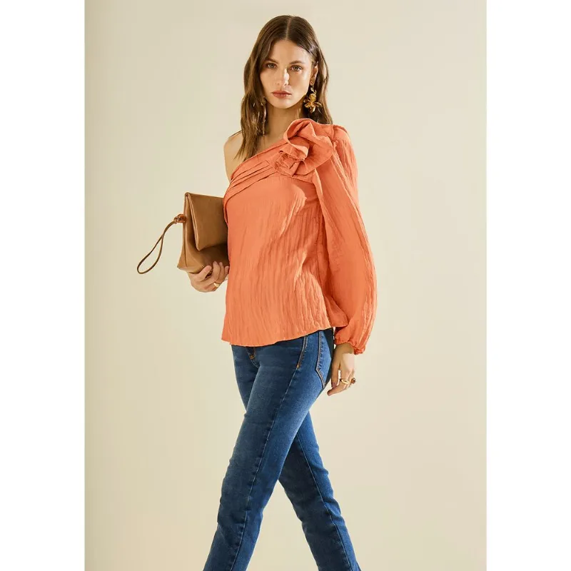 Blusa Morena Rosa Solta Um Ombro Só Manga Longa Padrão Marrom PP