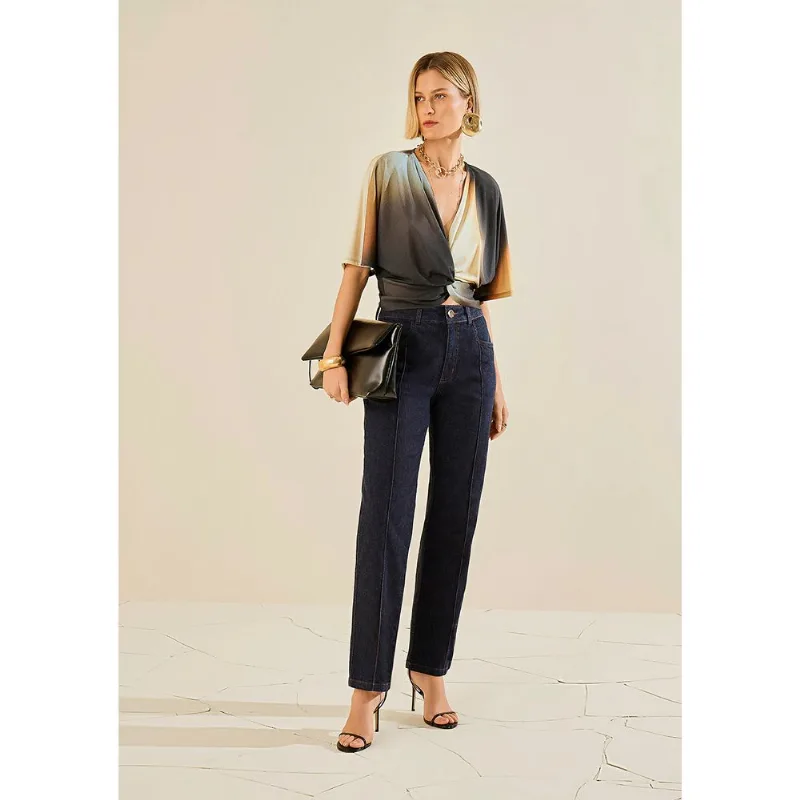 Blusa Morena Rosa Ajustada Decote V Manga Curta Padrão Preto/Azul PP - Morena Rosa