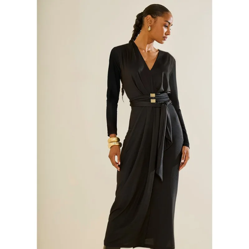 Vestido Morena Rosa Ajustado Decote V Manga Longa Midi Preto PP - Morena Rosa
