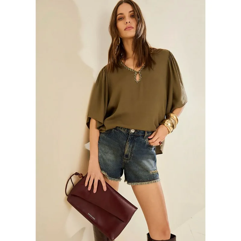 Blusa Morena Rosa Solta Decote V Manga Curta Padrão Verde PP