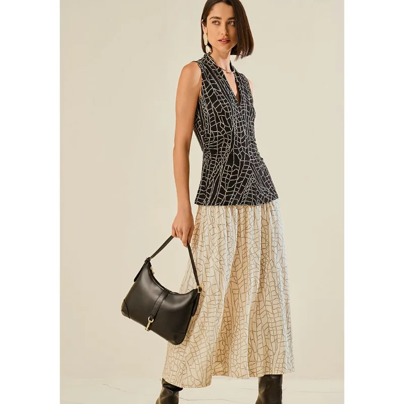 Vestido Morena Rosa Ajustado Decote V Sem Manga Midi Preto/Branco PP - Morena Rosa