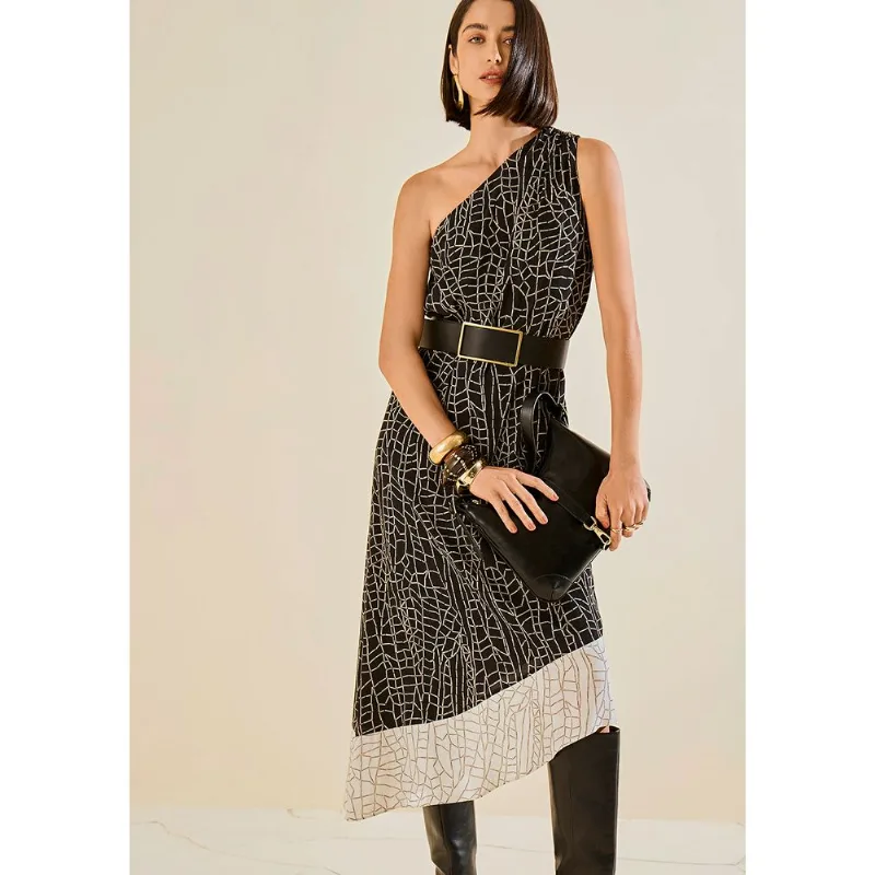Vestido Morena Rosa Solto Um Ombro Só Sem Manga Midi Preto PP - Morena Rosa
