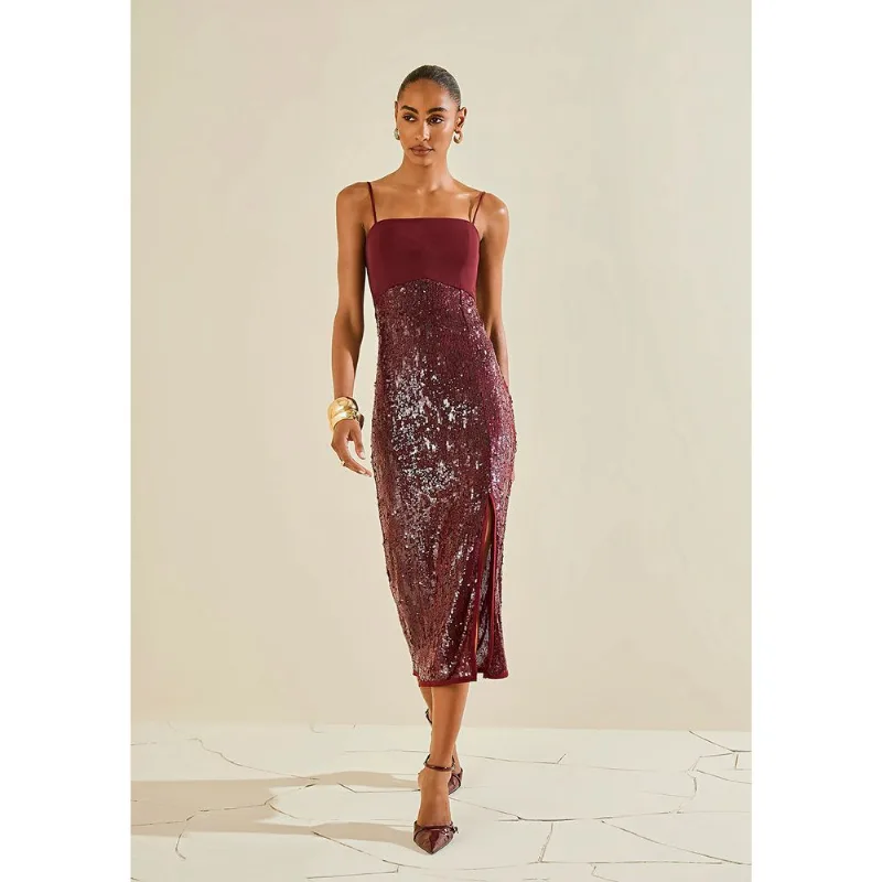 Vestido Morena Rosa Ajustado Decote V Sem Manga Midi Bordo PP - Morena Rosa