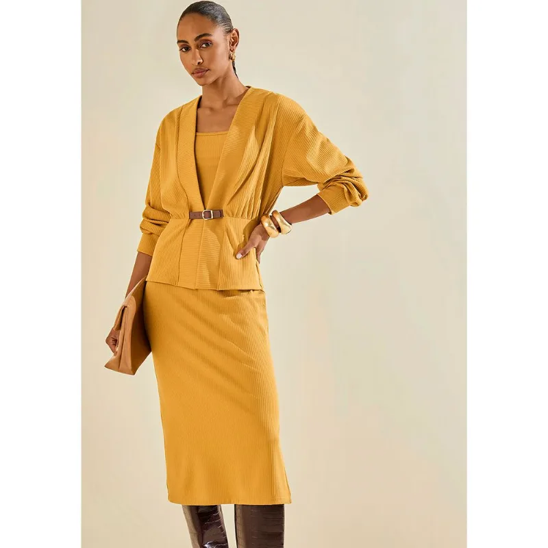 Vestido Morena Rosa Ajustado Decote Reto Manga Curta Midi Amarelo PP - Morena Rosa