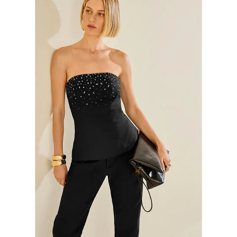 Blusa Morena Rosa Ajustada Decote Reto Sem Alça Padrão Preto PP