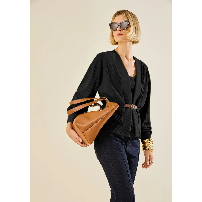 Blusa Morena Rosa Ajustada Decote V Sem Manga Padrão Preto PP