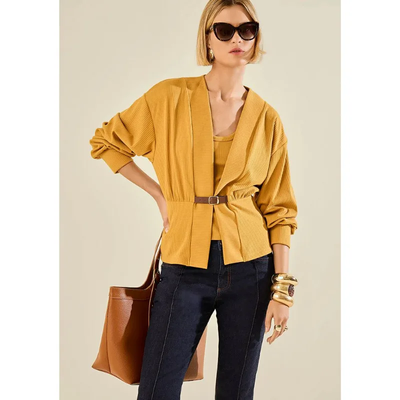 Blusa Morena Rosa Ajustada Decote V Sem Manga Padrão Amarelo PP