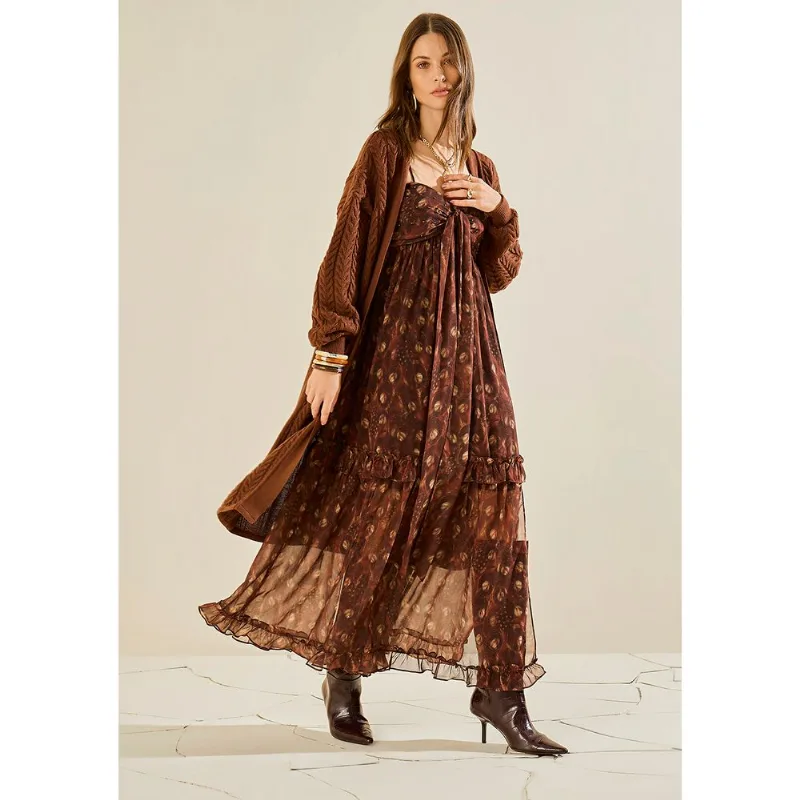 Vestido Morena Rosa Ajustado Decote Reto Com Alça Midi Marrom PP