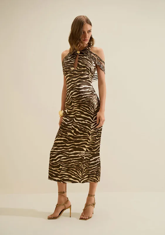 Vestido Gola Alta Miragem Bege - Morena Rosa