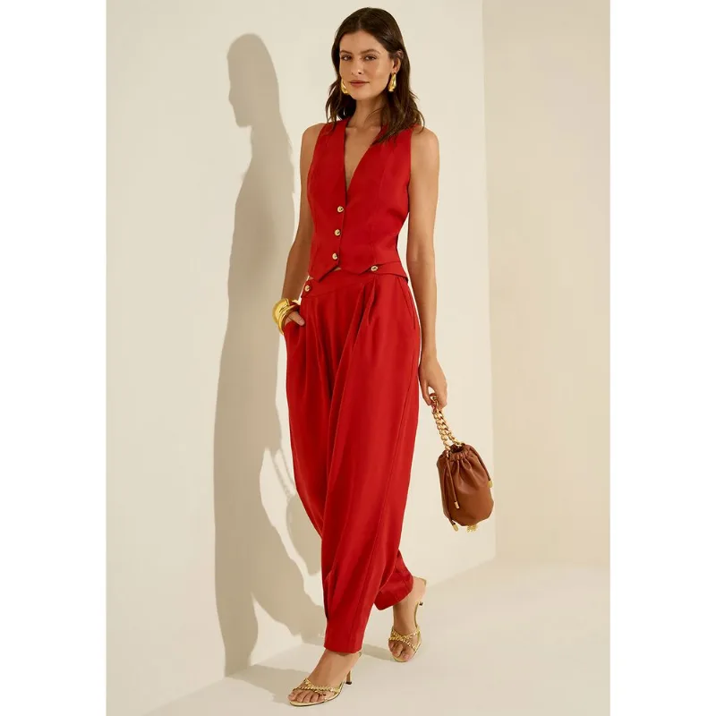 Calça Morena Rosa Cenoura Alta Vermelho 38
