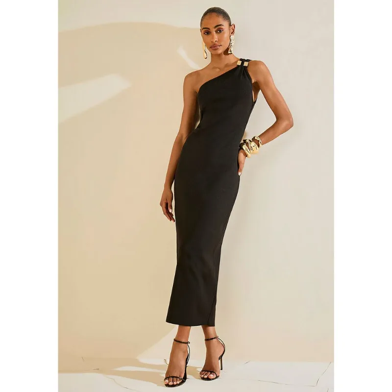 Vestido Morena Rosa Ajustado Um Ombro Só Sem Manga Midi Preto PP