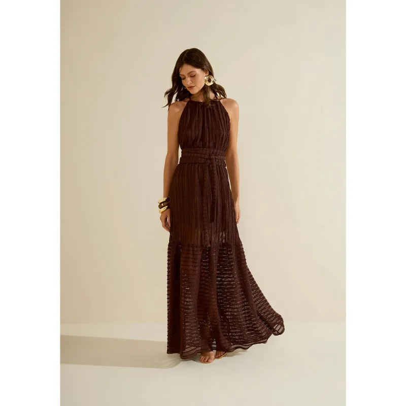 Vestido Morena Rosa Solto Cava Francesa Sem Manga Longo Marrom G
