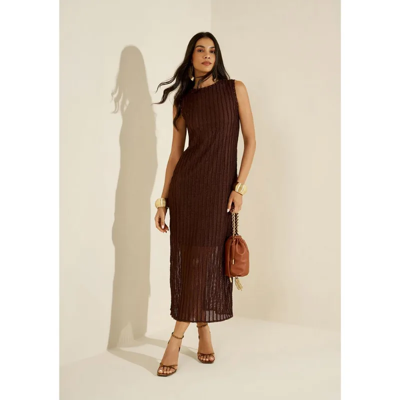 Vestido Morena Rosa Solto Decote Canoa Sem Manga Midi Marrom PP