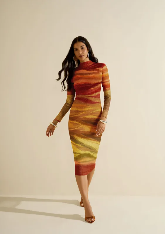 Vestido Morena Rosa Ajustado Gola Alta Manga Longa Midi Vermelho - Morena Rosa - Linhas