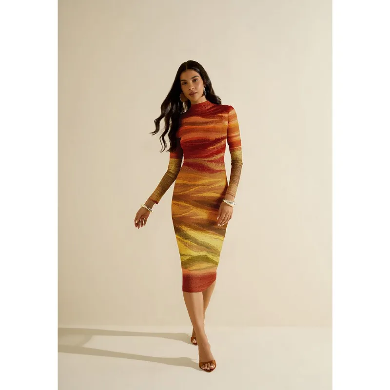 Vestido Morena Rosa Ajustado Gola Alta Manga Longa Midi Vermelho M