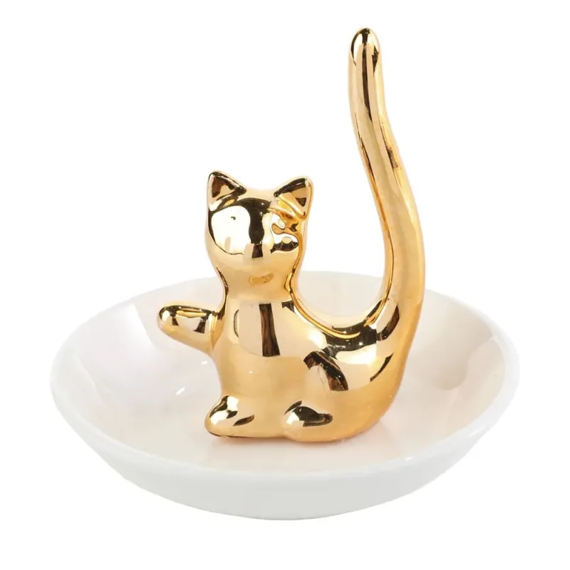 Porta Jóias De Porcelana Gato Dourado - LC - Presentes
