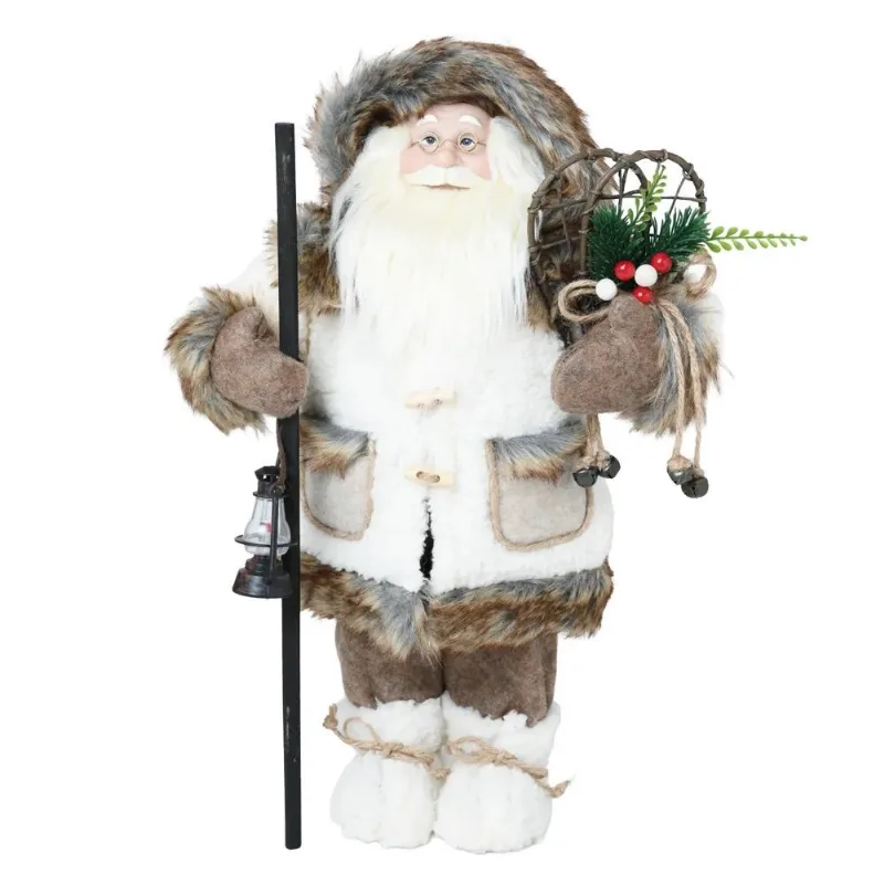 Papai Noel Decorativo Com Casaco Marrom E Branco Cromus 60cm