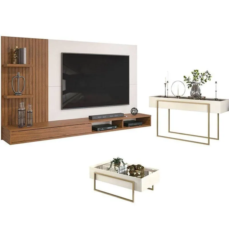 Painel Para Tv Bento Freijó Off White Com Aparador Para Sala Petri E Mesa De Centro Petri Off White  Dj Móveis - Dj Móveis - Móveis