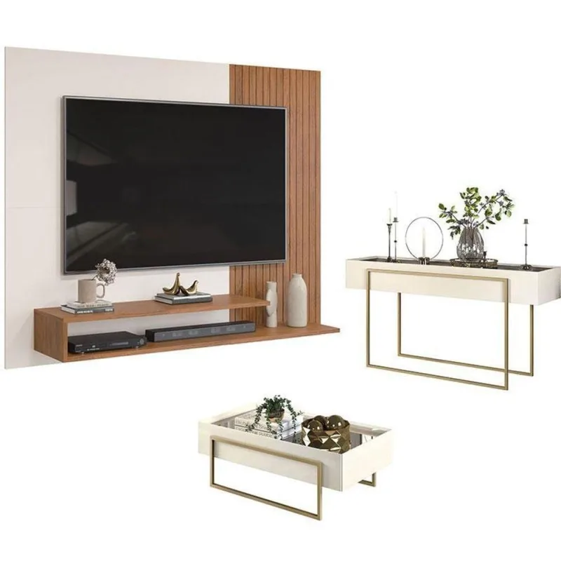 Painel Para Tv Nando Freijó Off White Com Aparador Para Sala Suri E Mesa De Centro Suri Off White  Dj Móveis - Dj Móveis - Móveis