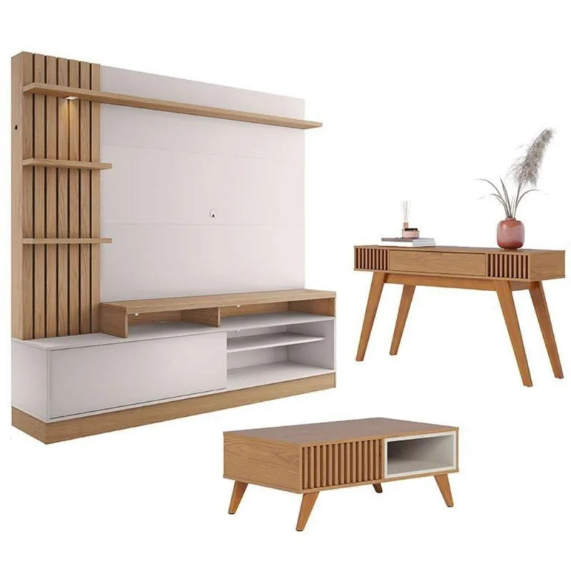 Estante Home Theater Maceió Com Mesa De Centro Jeri Freijó Off White E Aparador Riviera Freijó  Colibri - colibri móveis - Móveis