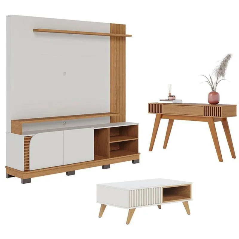Estante Home Theater Jurerê 1.8 Com Mesa De Centro Jeri Off White Matte Freijó E Aparador Riviera Freijó – Colibri - colibri móveis - Móveis