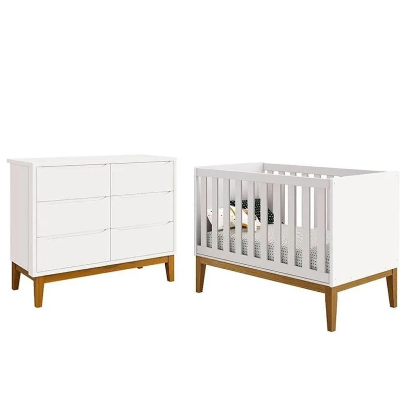 Berço Americano New Classic em MDF Branco com Pés Madeiras com Cômoda 6 Gavetas para Bebê - OUTRAS - Bebês