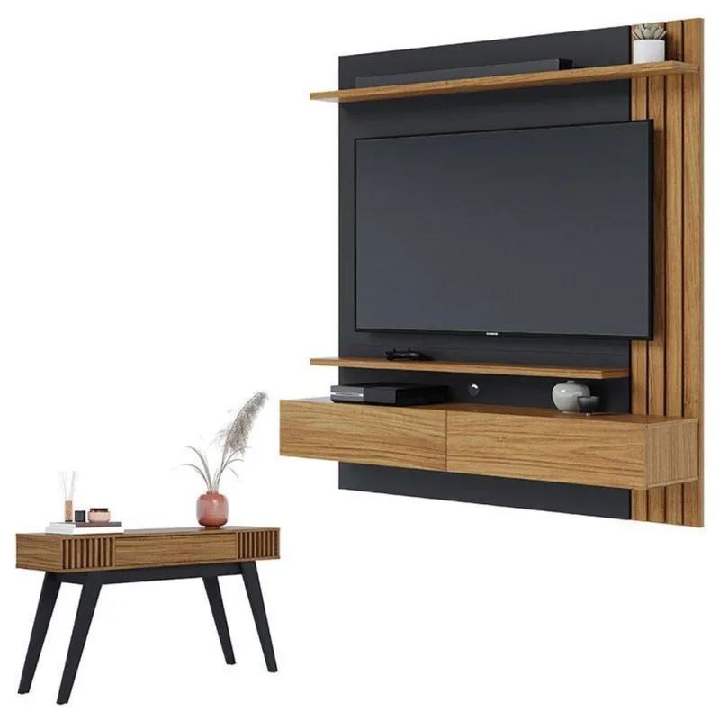 Painel Para Tv Home Suspenso Juriti 1.5 Com Aparador Riviera Noce Milano Preto Acetinado - Colibri - colibri móveis - Móveis